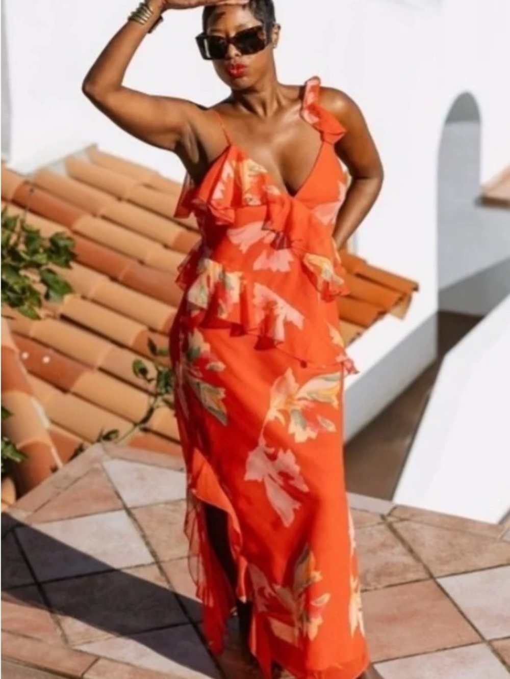 Tropical Orange Floral Ruffle Maxi Dress - Women